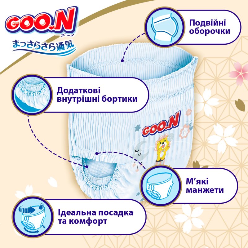 Трусики-підгузки Goo.N Premium Soft (розмір 6(2XL), 15-25 кг, 30 шт) (F1010101-159) купити в магазині “Пустун” Фото 3